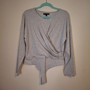 Banana Republic Women's Large Grey Faux Wrap Bodysuit Long Sleeve Stretch Snap